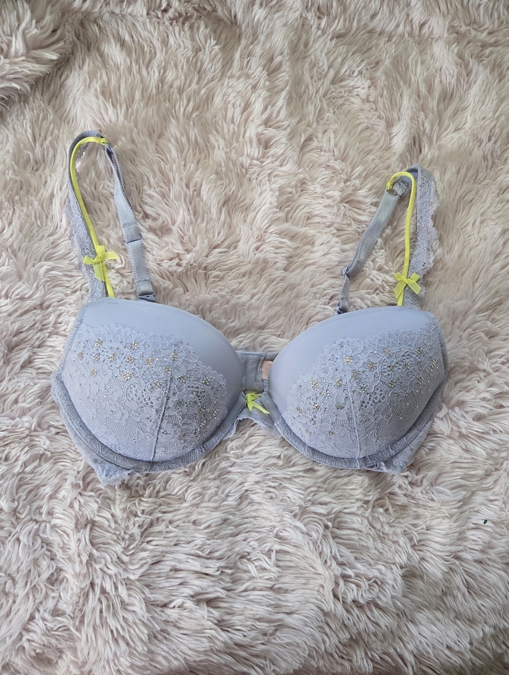 Victoria's Secret Light Blue Lace Bra with Neon Yellow Accents